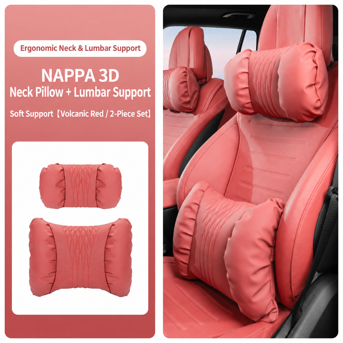 Leather Car Neck Pillow & Lumbar Support Cushion Set